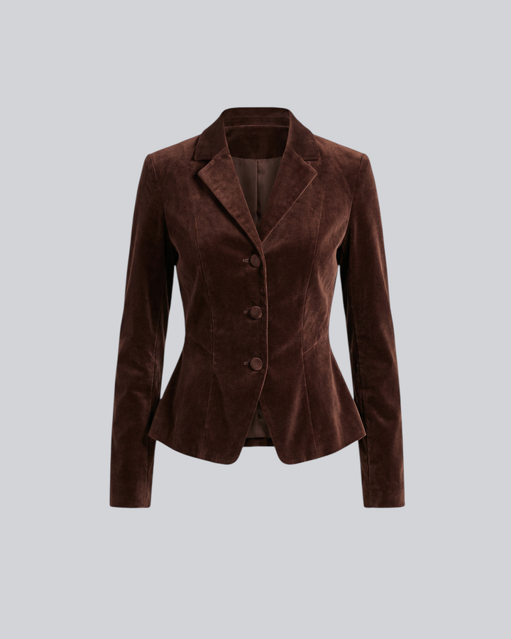 Luna Moda brown velvet blazer with a tailored fit, notched lapels, and a three-button front closure.