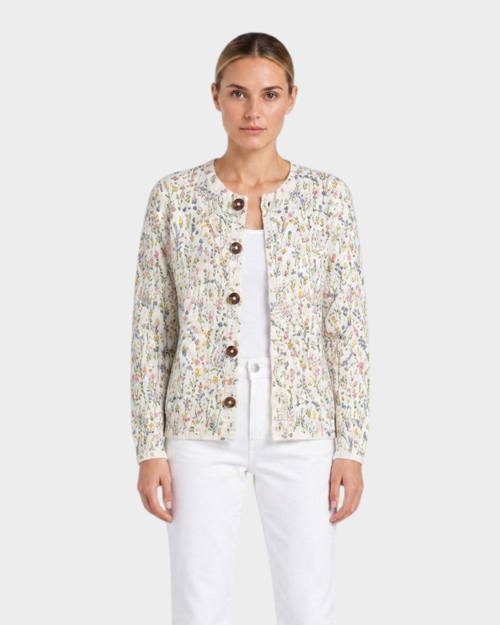 Veronica – Cardigan floreale con bottoni in crema | Luna Moda