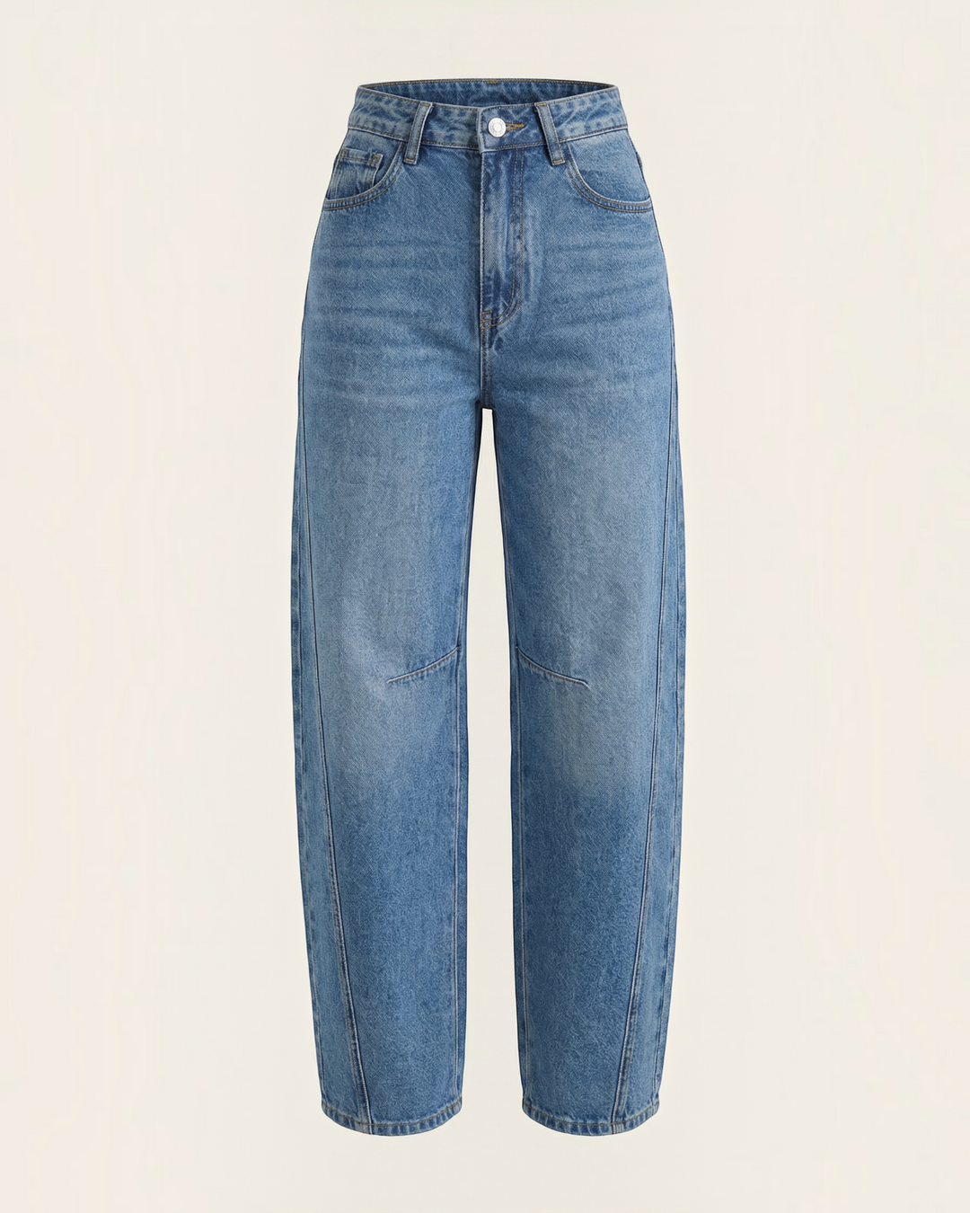 Luna Moda high-waisted barrel leg jeans in a vintage blue wash with a relaxed, retro-inspired fit.