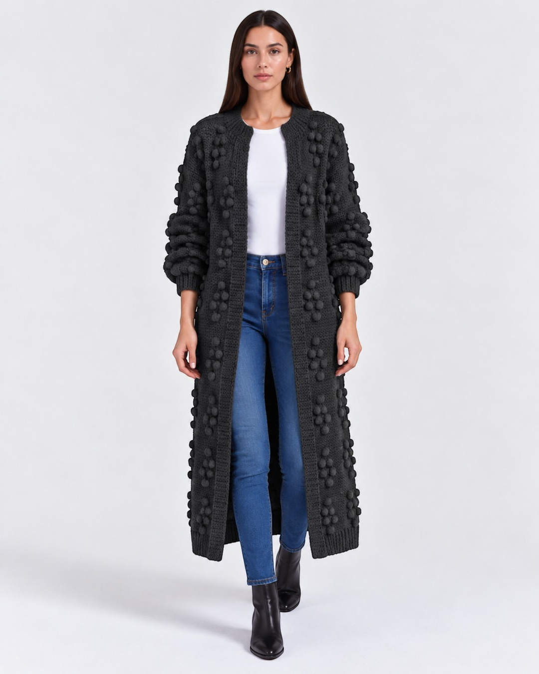 Vittoria – Cardigan lungo aperto in antracite, dettaglio | Luna Moda