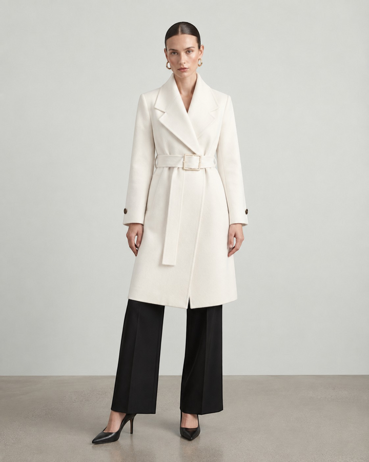 Luna Moda white belted long coat worn by a model with black trousers and heels, featuring a tailored feminine fit.