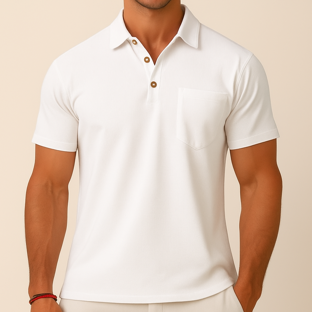 Luna Moda white linen polo shirt with a chest pocket and button placket, worn by a man for a casual summer look.