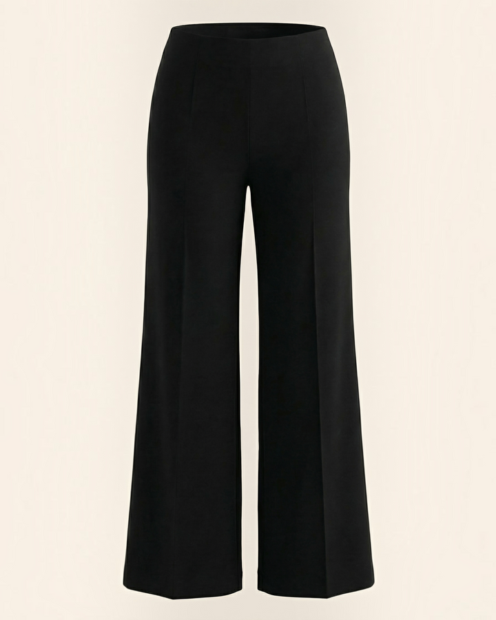 Luna Moda high-waisted black tailored trousers with wide legs and front pleats in a structured stretch fabric.