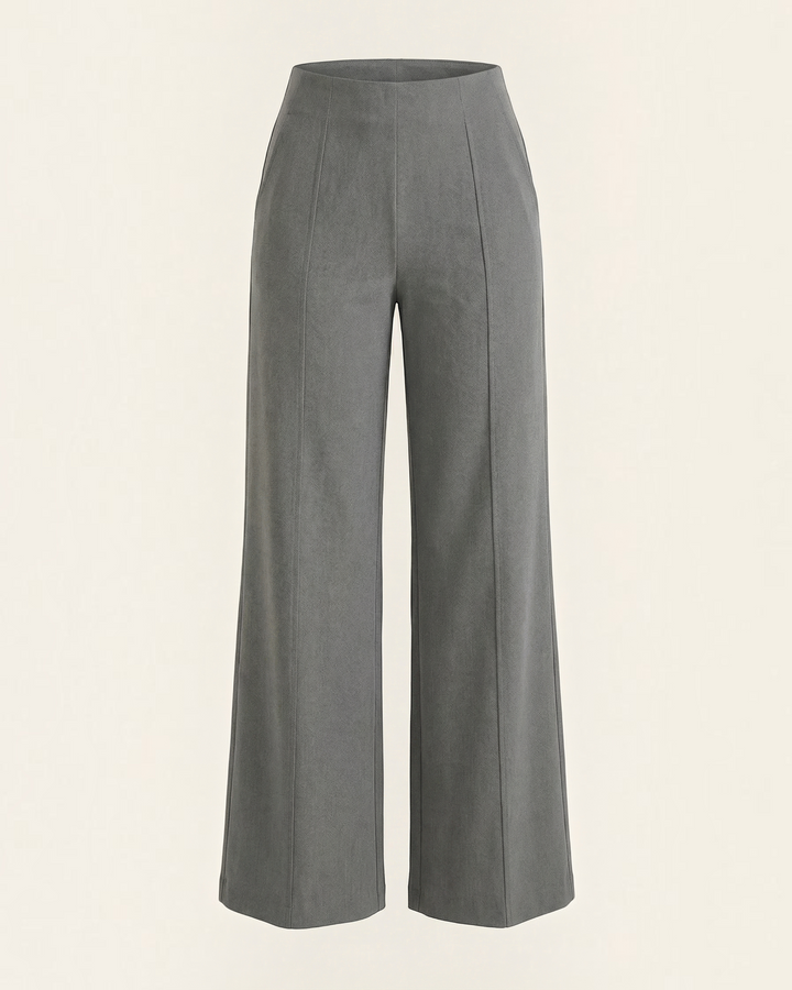 Luna Moda high-waisted grey tailored trousers with wide legs and front pleats in a structured stretch fabric.