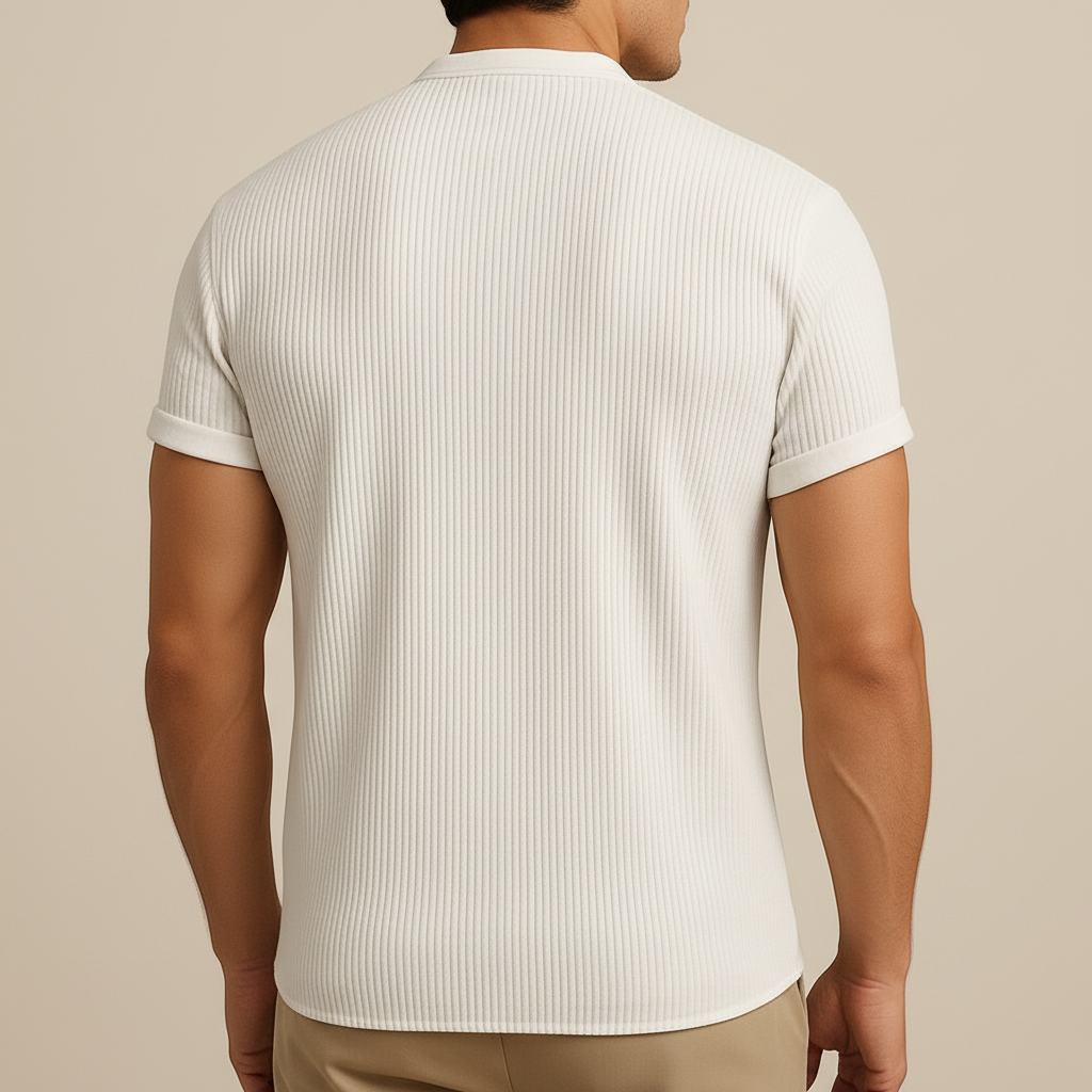 Back view of a man wearing a Luna Moda white ribbed short-sleeve casual shirt with a relaxed fit.