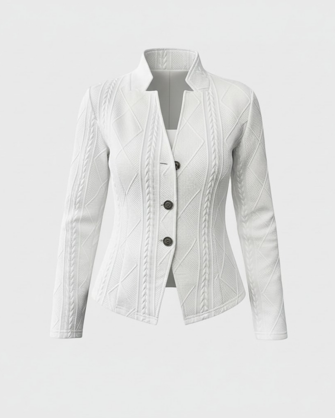 Luna Moda GRAZIA white mid-season coat with a textured cable knit pattern, stand-up collar, and three-button closure.