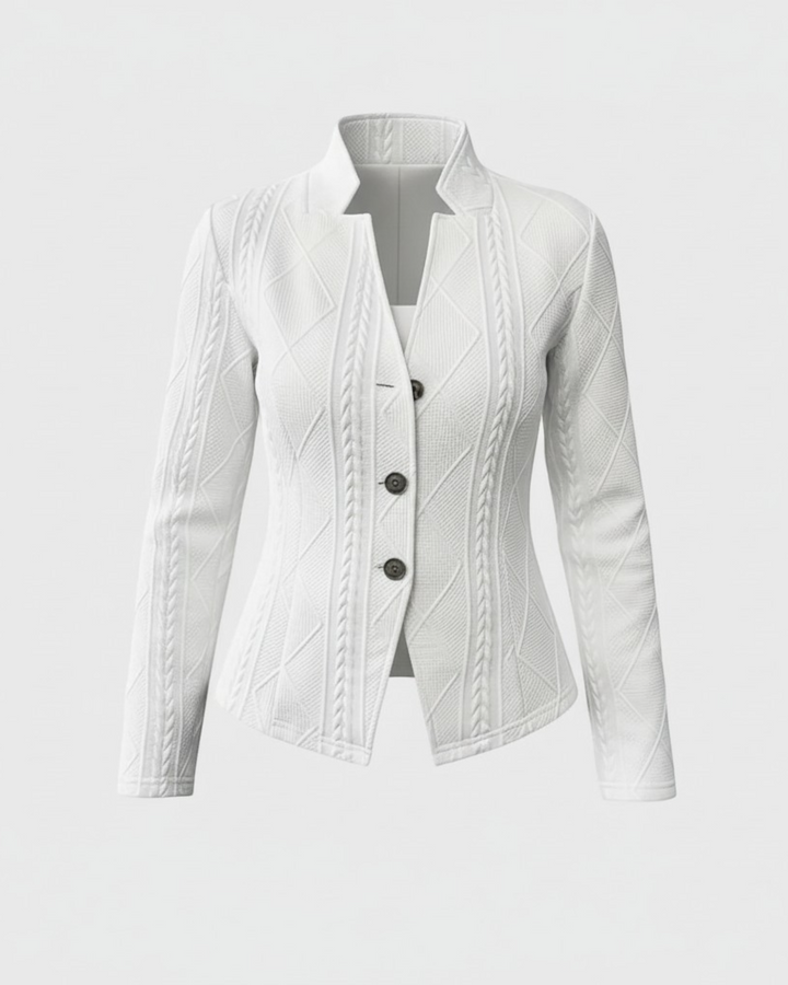 Luna Moda GRAZIA white mid-season coat with a textured cable knit pattern, stand-up collar, and three-button closure.