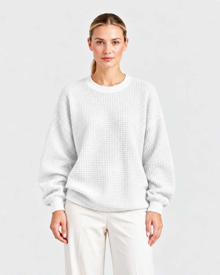 Luna Moda white waffle knit oversized sweater with a crew neck worn by a model against a plain light background