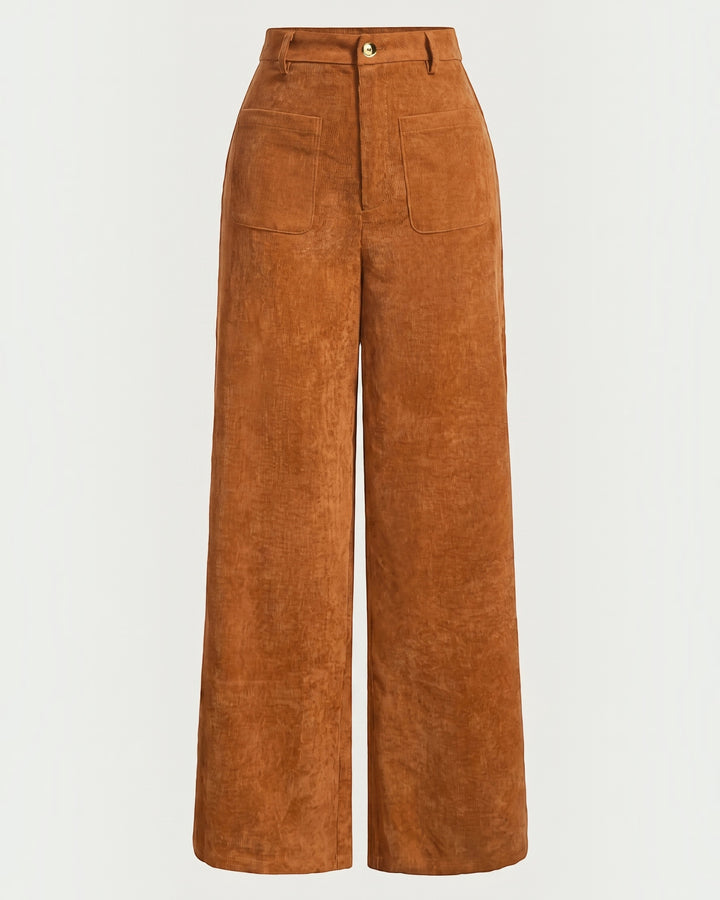 Luna Moda high-waisted wide-leg corduroy trousers in a warm brown tone with front pockets.