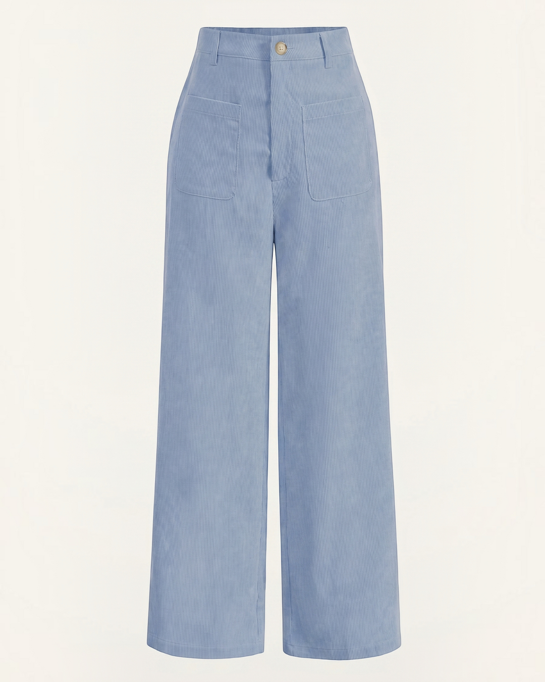 Luna Moda high-waisted wide-leg trousers in light blue corduroy with front patch pockets and a button closure.