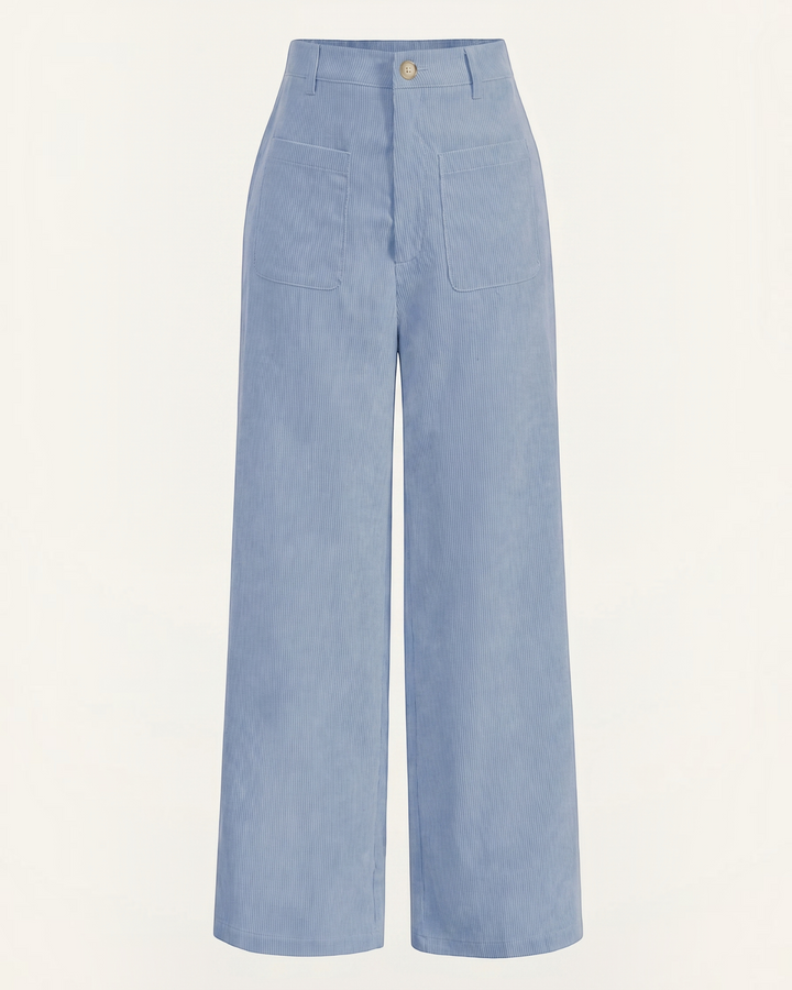 Luna Moda high-waisted wide-leg trousers in light blue corduroy with front patch pockets and a button closure.