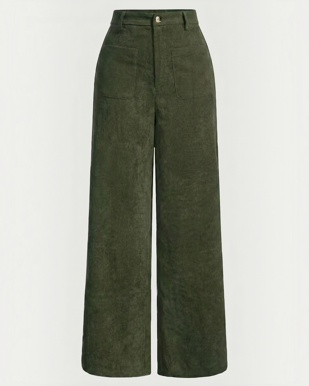 Luna Moda high-waisted wide-leg trousers in dark green corduroy with front pockets and a soft textured finish.