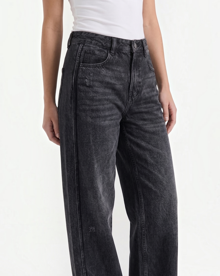 Luna Moda Bridget wide-leg jeans in washed black denim with a relaxed fit and high-waisted silhouette.