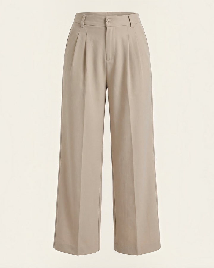 Luna Moda high-waisted beige palazzo trousers with a fluid wide-leg silhouette and pleated front detail.