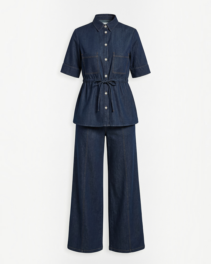 Luna Moda dark denim two-piece set featuring a button-down shirt with a drawstring waist and wide-leg trousers.