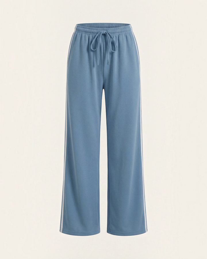 Luna Moda blue wide-leg sweatpants featuring white side stripes and an adjustable drawstring waist for athleisure wear.