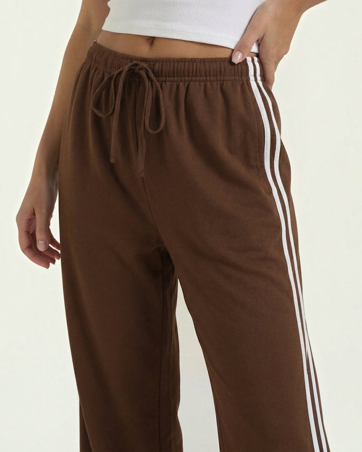 Luna Moda brown wide-leg sweatpants with white side stripes and adjustable drawstring waist for a relaxed fit