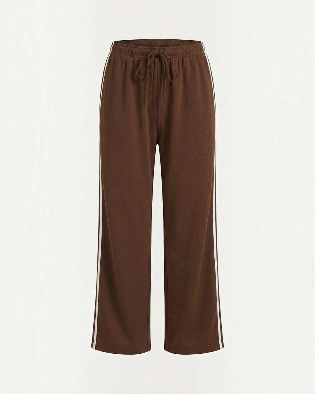 Luna Moda brown wide-leg sweatpants featuring white side stripes and an adjustable drawstring waist for athleisure.