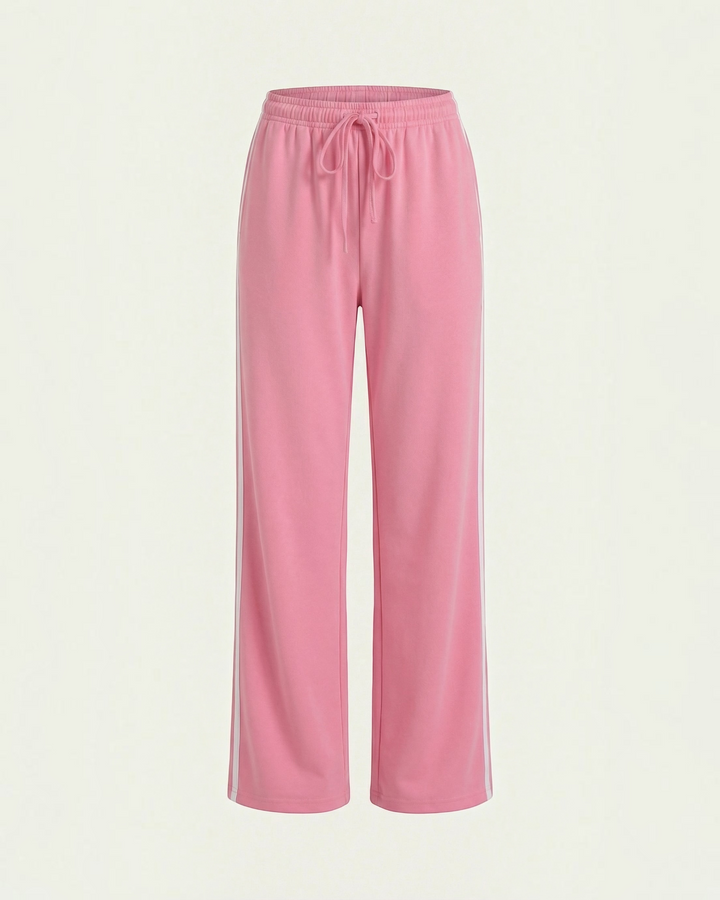 Luna Moda pink wide-leg sweatpants featuring white side stripes and an adjustable drawstring waist for athleisure.