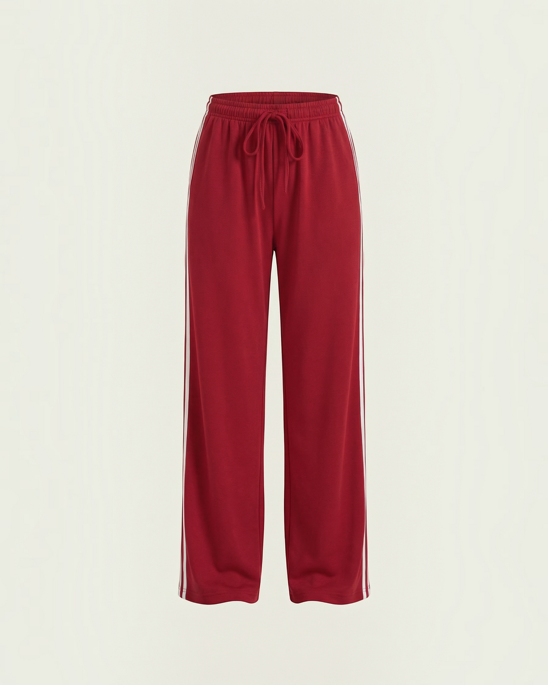 Luna Moda red wide-leg sweatpants featuring white side stripes and an adjustable drawstring waist for a relaxed fit.