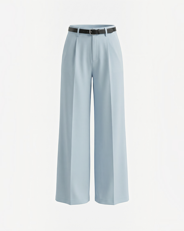 Luna Moda light blue palazzo trousers with front pleats and a matching black belt for a refined, wide-leg silhouette.