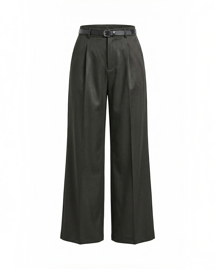 Luna Moda dark grey palazzo trousers with front pleats and a matching belt for a refined wide-leg silhouette.