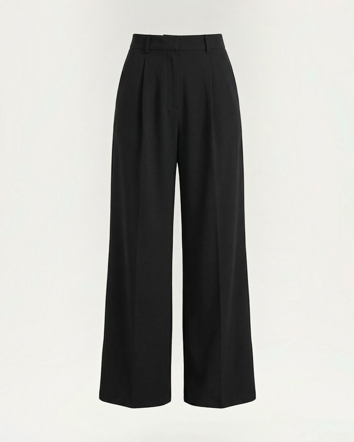 Luna Moda black high-waisted wide-leg tailored trousers with front pleats and side pockets in heavy fabric.