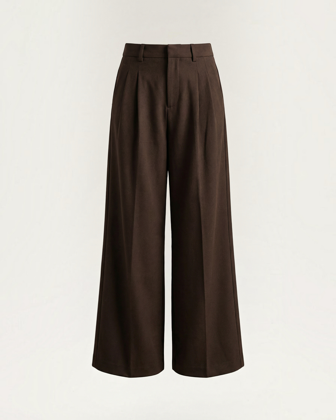 Luna Moda Stefania high-waisted wide-leg trousers in dark brown heavy fabric with front pleats and clean lines.