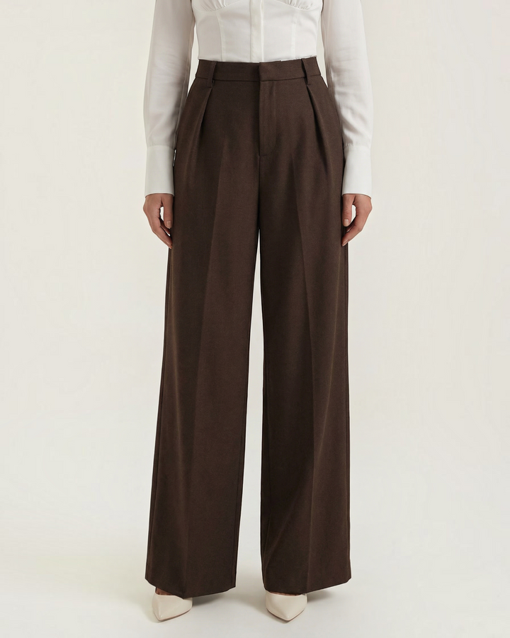 Luna Moda Stefania high-waisted wide-leg trousers in dark brown heavy fabric with front pleats