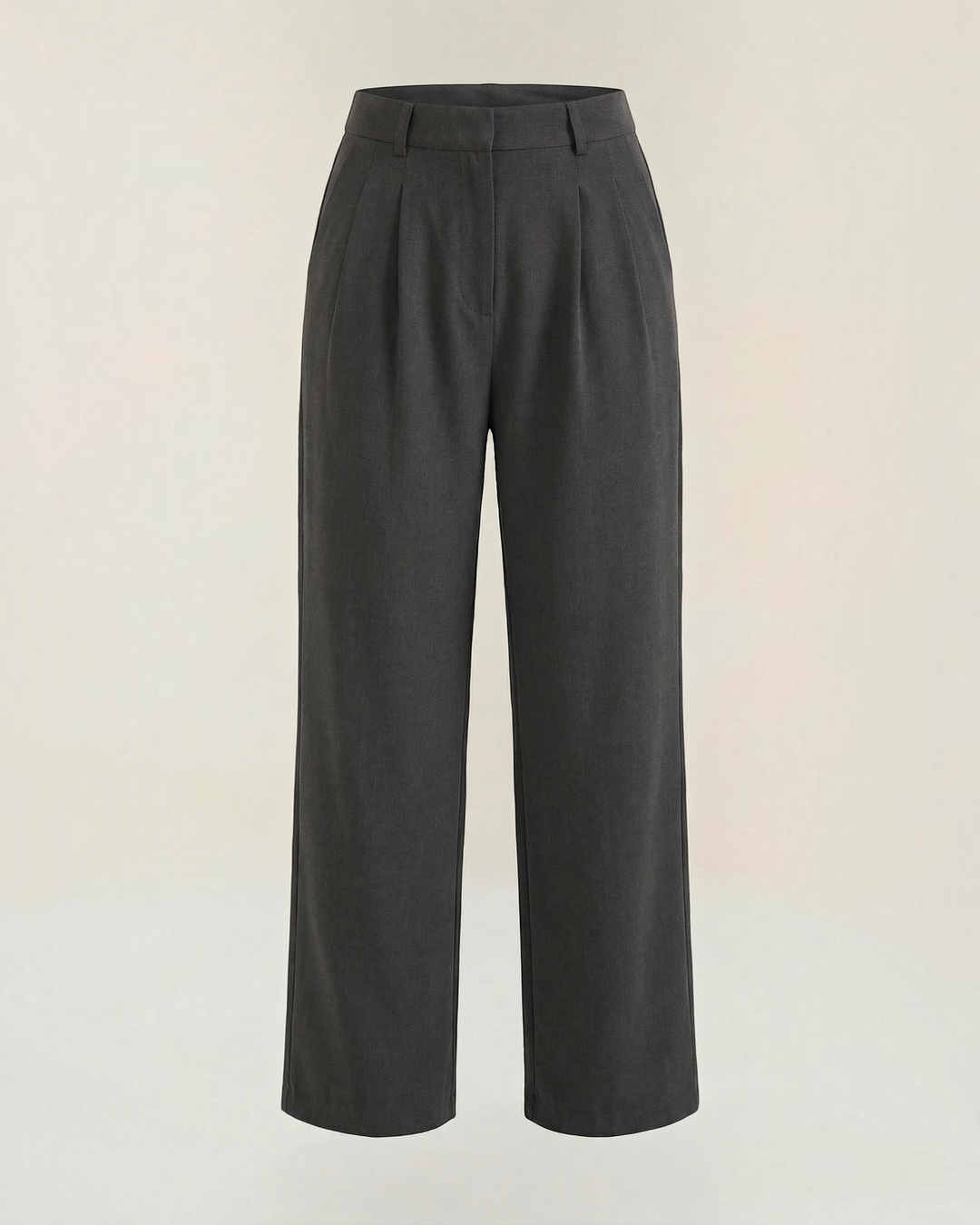 Luna Moda high-waisted charcoal grey palazzo trousers with pleated details and a wide-leg silhouette.