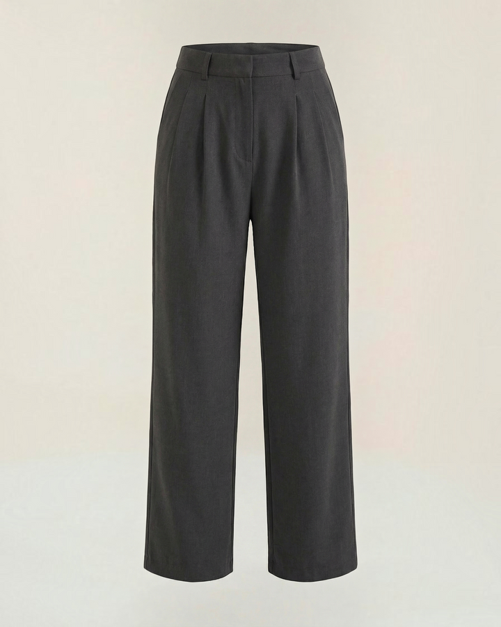 Luna Moda high-waisted charcoal grey palazzo trousers with pleated details and a wide-leg silhouette.