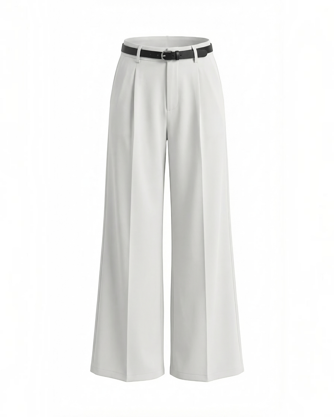 Luna Moda light grey palazzo trousers with front pleats and a matching black belt on a white background