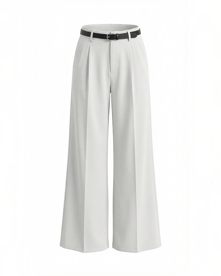 Luna Moda light grey palazzo trousers with front pleats and a matching black belt on a white background