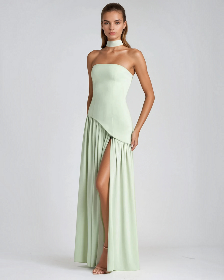 Luna Moda Zadie maxi dress in light sage green with a strapless bodice, choker detail, and high side slit.