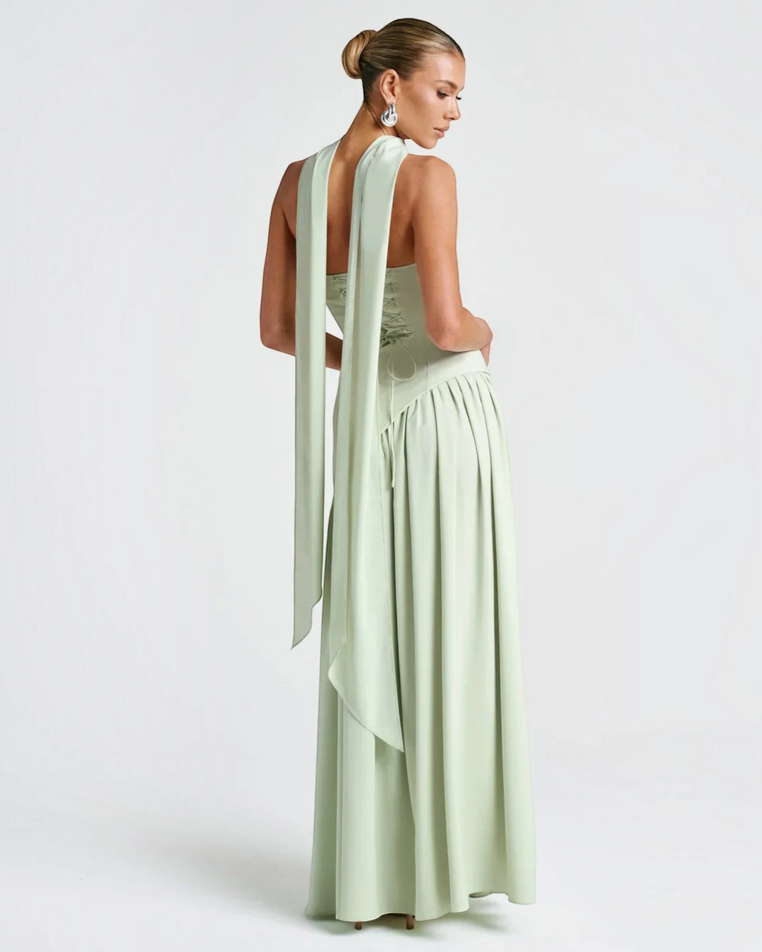 Luna Moda Zadie sage green maxi dress with halter neck, open back, and corset-style lace-up detail