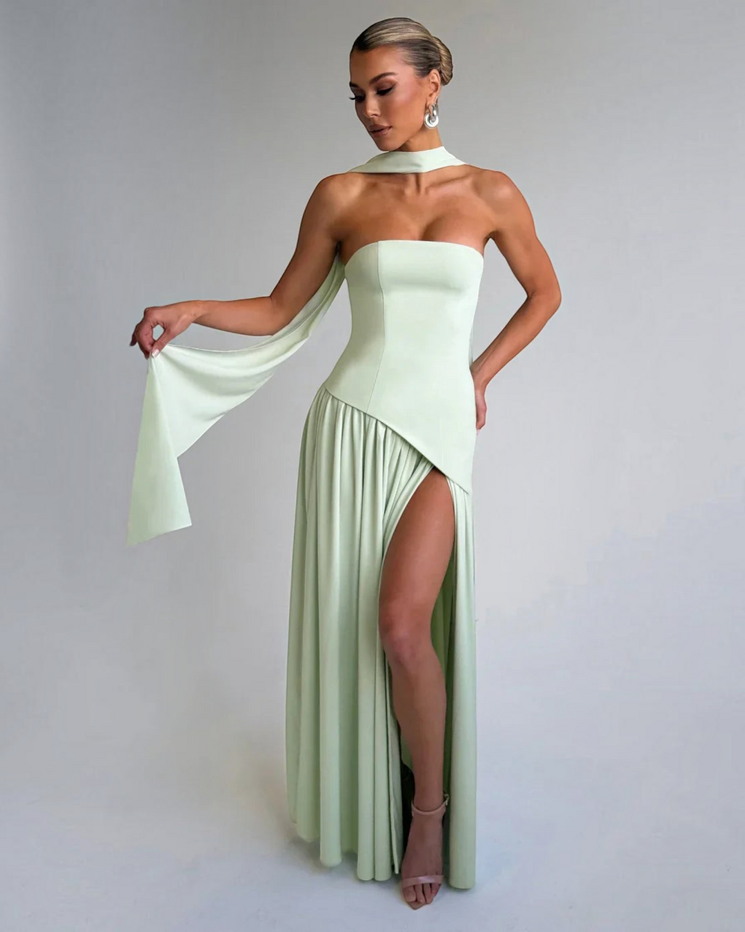 Luna Moda Zadie maxi dress in light green with a strapless bodice, halter neck tie, and high side slit