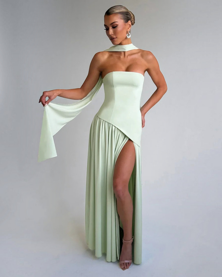 Luna Moda Zadie maxi dress in light green with a strapless bodice, halter neck tie, and high side slit