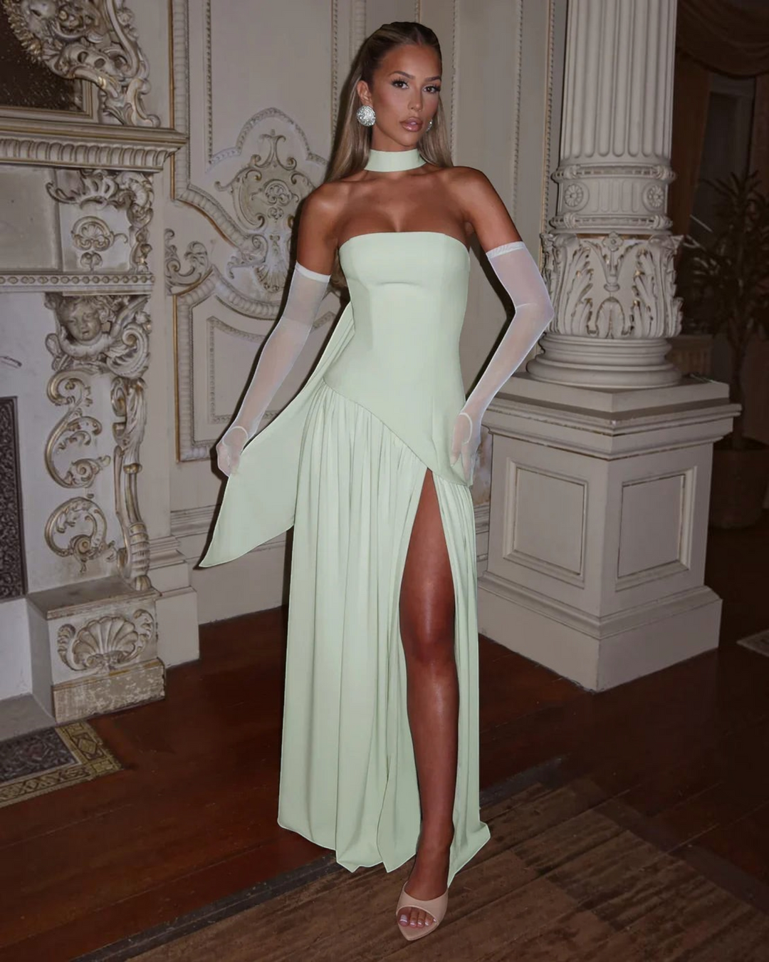 Luna Moda Zadie pale green strapless maxi dress with a high side slit and matching choker worn with sheer gloves