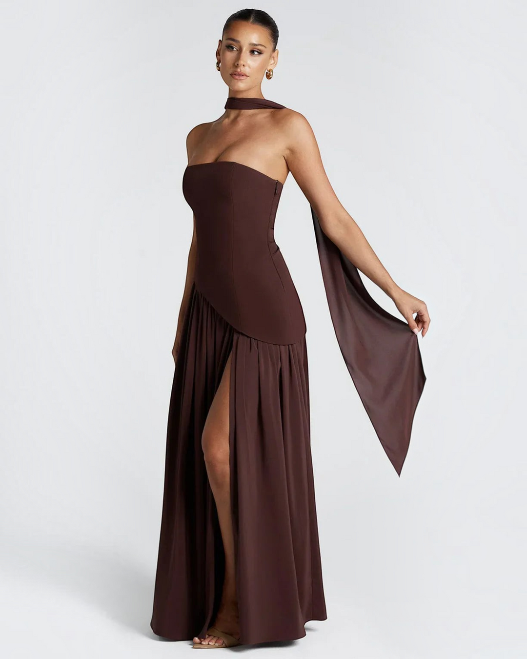 Luna Moda Zadie maxi dress in dark brown with a strapless bodice, scarf detail, and a high side slit.