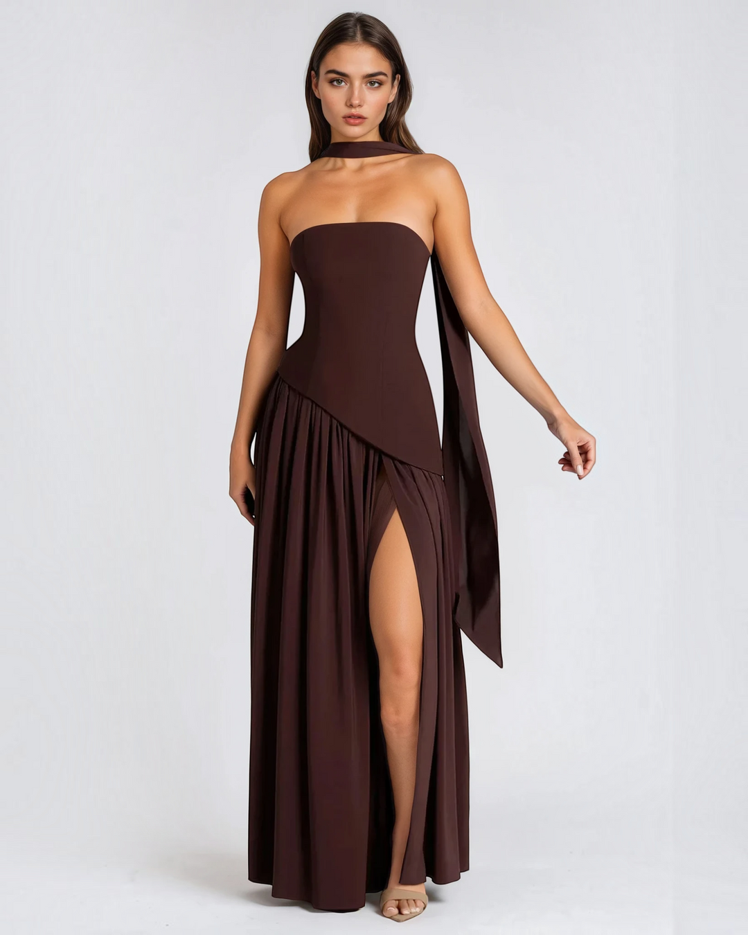 Luna Moda Zadie maxi dress in dark brown with a strapless bodice, high side slit, and elegant draped scarf detail.