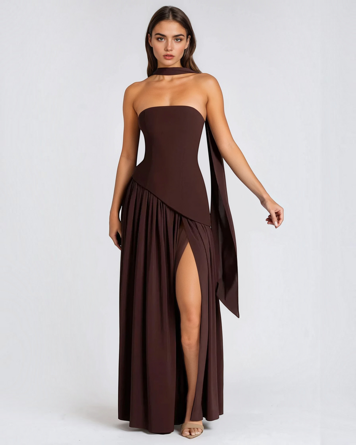 Luna Moda Zadie maxi dress in dark brown with a strapless bodice, high side slit, and elegant draped scarf detail.