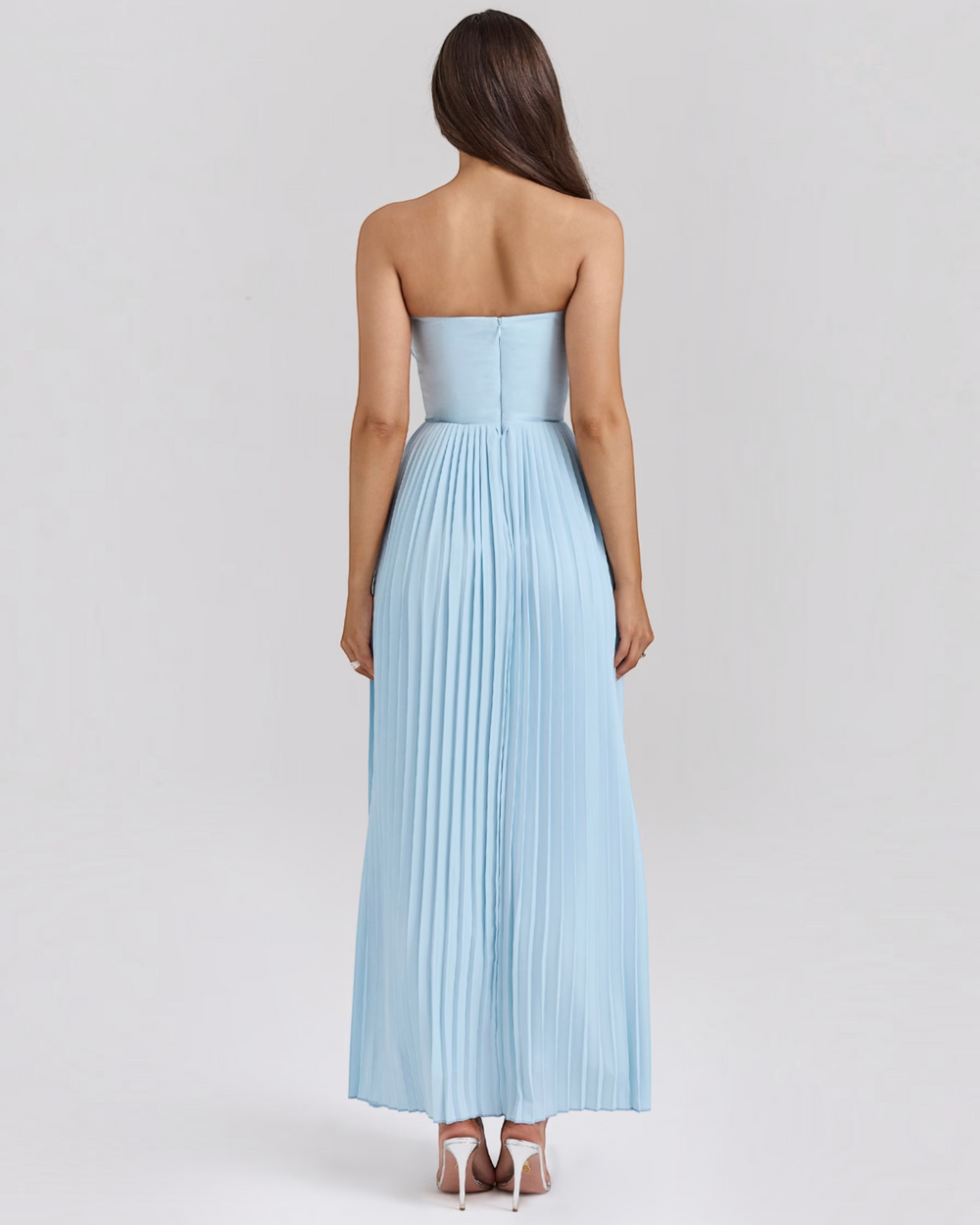 Luna Moda sky blue strapless midi dress with a structured bodice and pleated skirt, back view on a model.