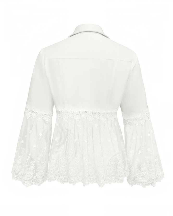 Luna Moda Elisabetta white jacket back view featuring floral lace panels, sheer tulle hem, and flared lace sleeves.