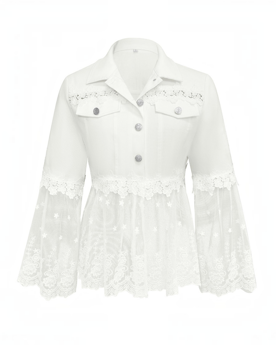 Luna Moda Elisabetta white jacket featuring floral lace panels, embroidered tulle hem, and silver button details.