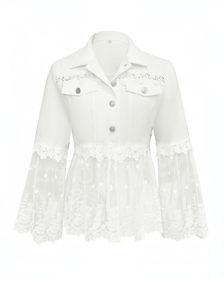 Luna Moda Elisabetta white jacket featuring floral lace panels, embroidered tulle hem, and silver button details.