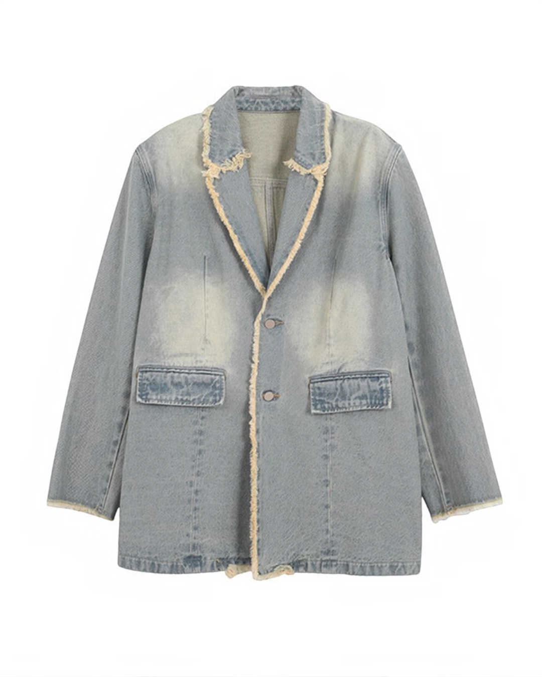 Luna Moda Anna light blue washed denim blazer with an oversized fit, frayed edges, and two-button closure.