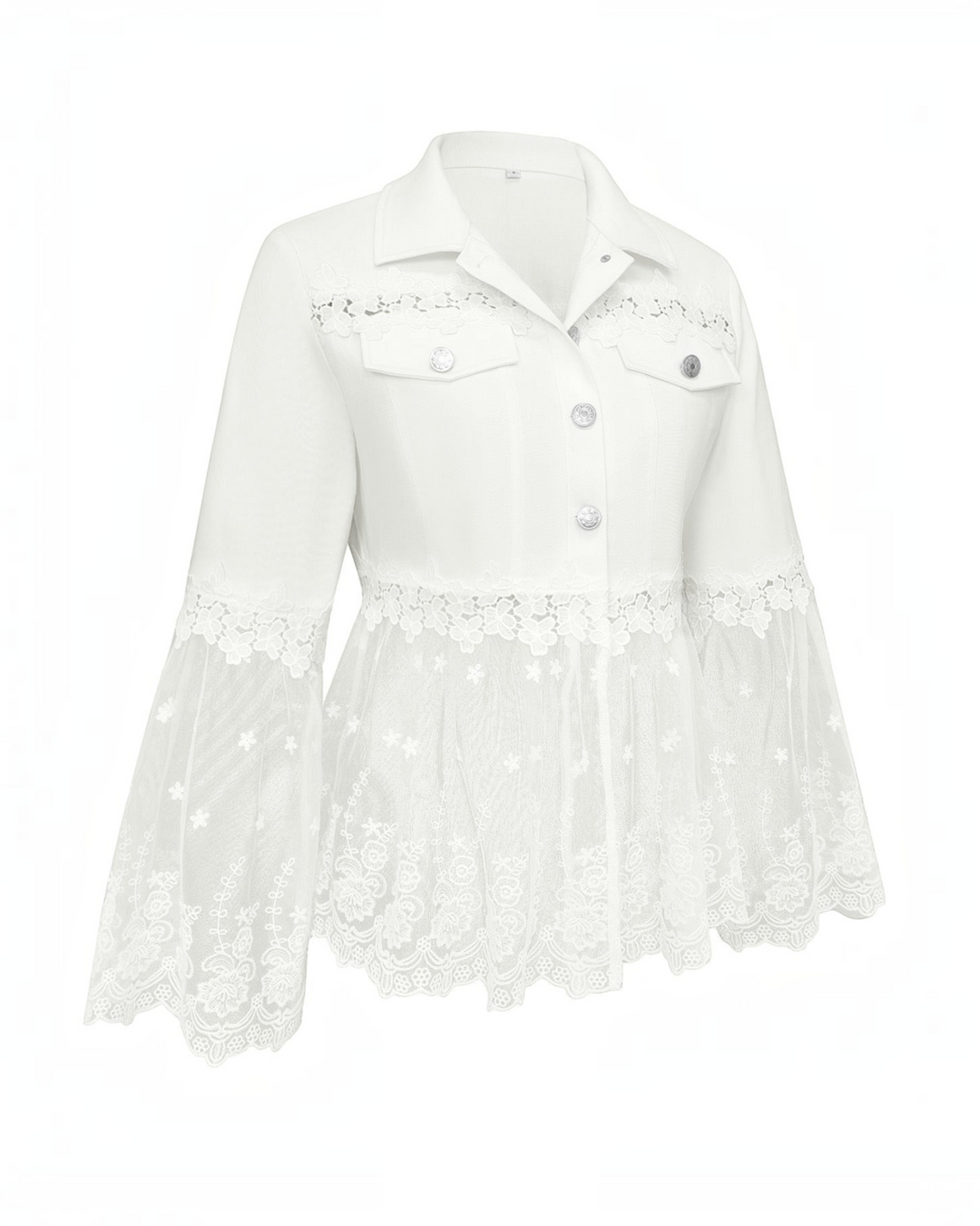 Luna Moda Elisabetta white jacket featuring floral lace shoulder panels, sheer embroidered tulle hem, and button front.