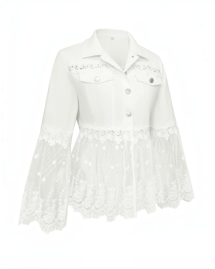 Luna Moda Elisabetta white jacket featuring floral lace shoulder panels, sheer embroidered tulle hem, and button front.