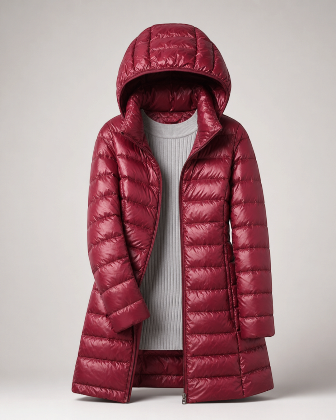 CLELIA, giacca lunga trapuntata bordeaux con cappuccio – Luna Moda