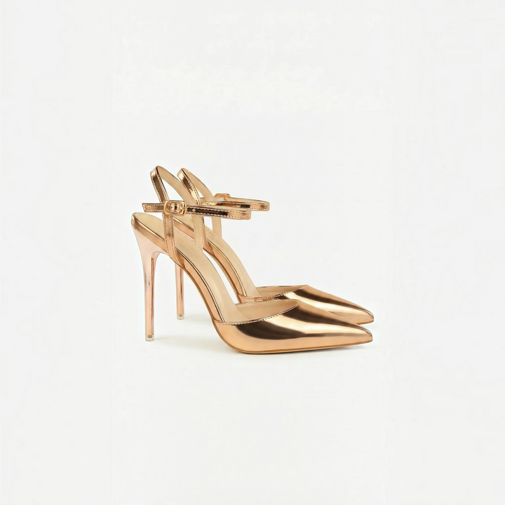 Luna Moda ASHLEY metallic rose gold pointed-toe pumps with ankle strap and stiletto heel for formal evening wear
